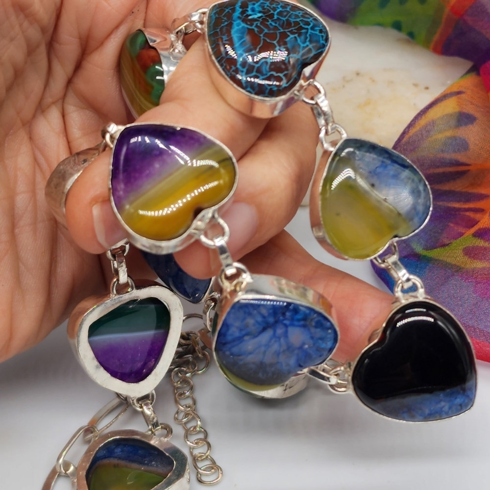 Vintage Jewelry Sterling Silver 925 Necklace Genuine Agate Stones Heart - Picture 2 of 15